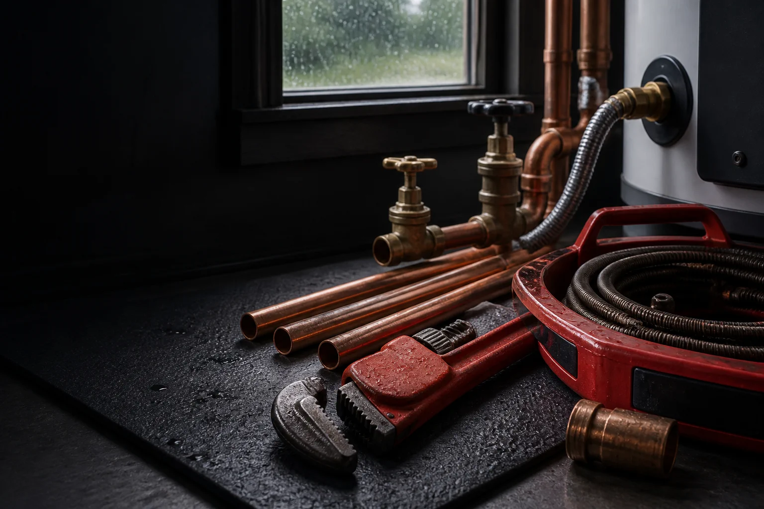 Concept image of an organized emergency plumbing system with copper lines, valves, wrench, and drain cable